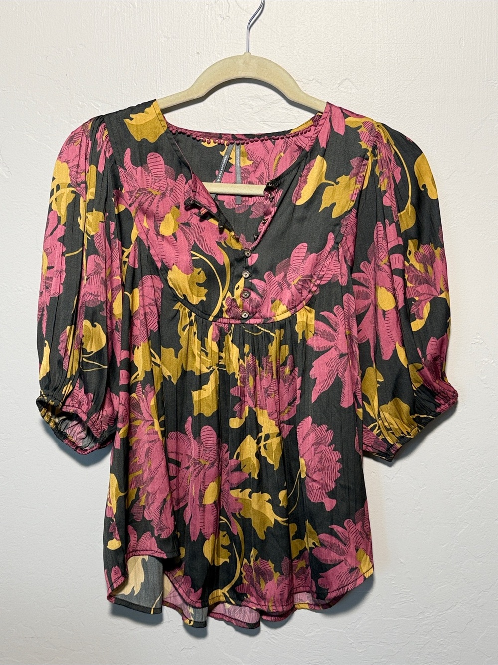 Anthropologie Black Floral Blouse with Pink and Mustard Print